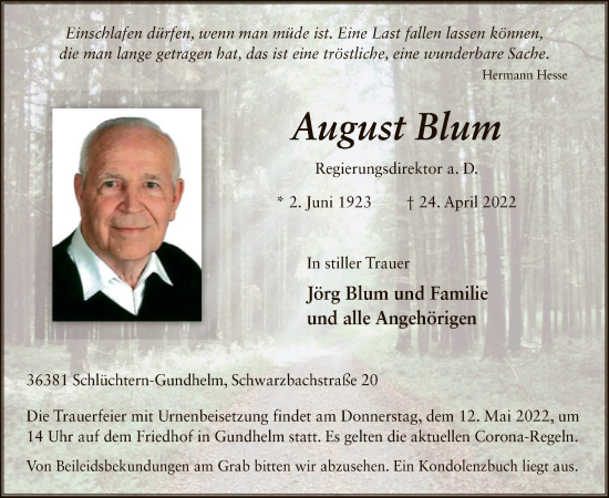 Traueranzeige von August Blum von OF