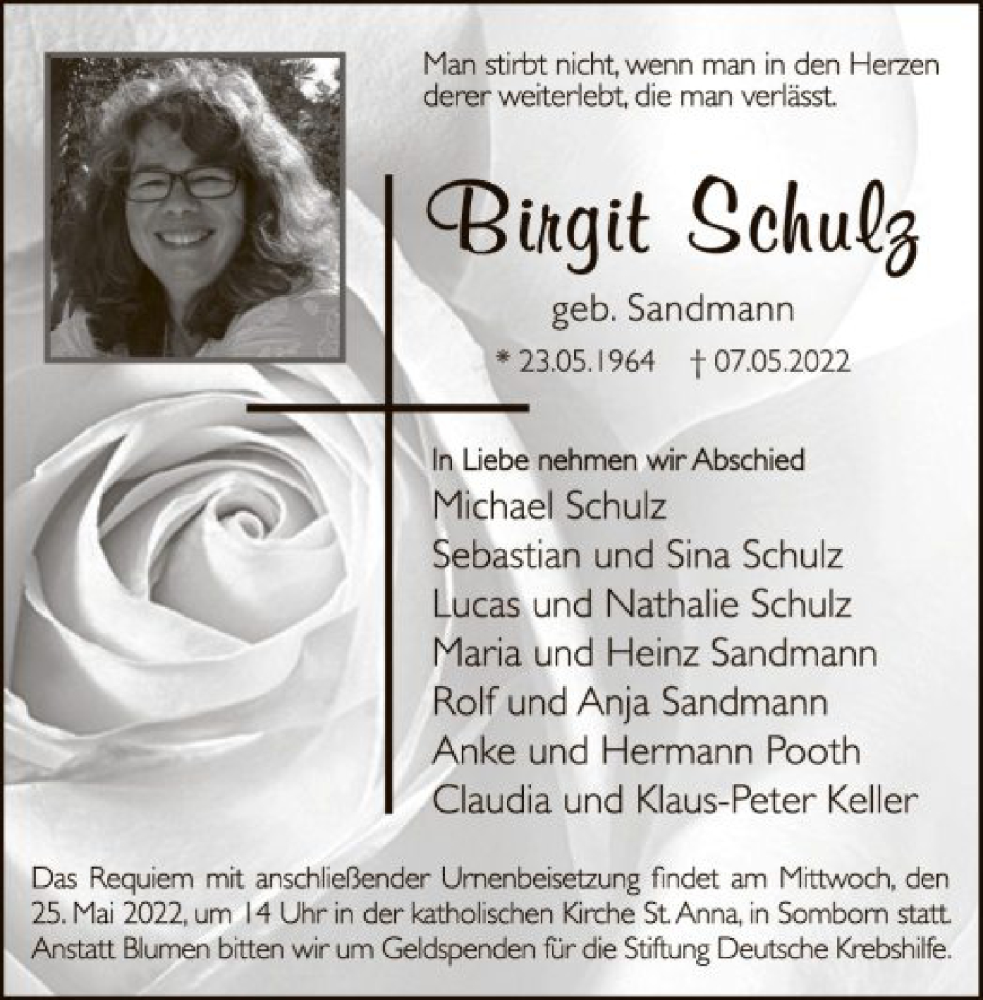  Traueranzeige für Birgit Schulz vom 14.05.2022 aus OF