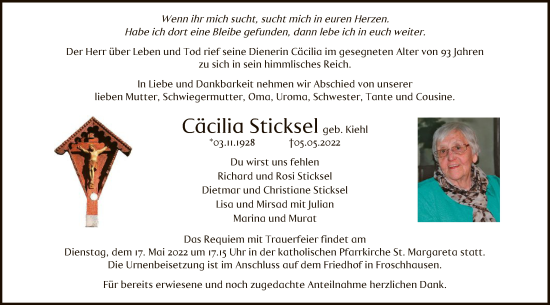 Traueranzeige von Cäcilia Sticksel von OF