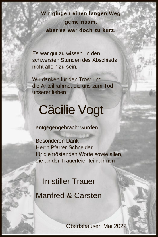 Traueranzeige von Cäcilie Vogt von OF