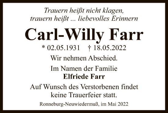 Traueranzeige von Carl-Willy Farr von OF