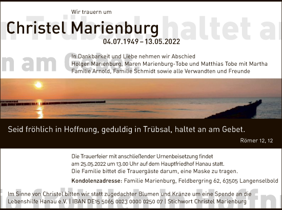 Traueranzeige von Christel Marienburg von OF