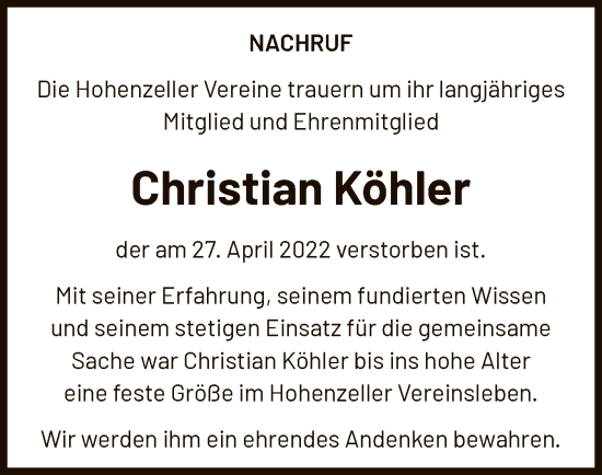 Traueranzeige von Christian Köhler von OF