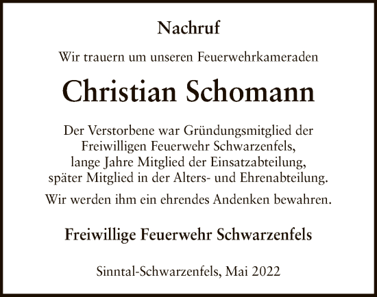 Traueranzeige von Christian Schomann von OF