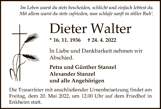 Traueranzeige von Dieter Walter von OF