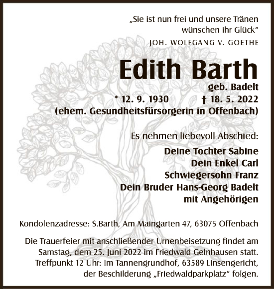 Traueranzeige von Edith Barth von OF