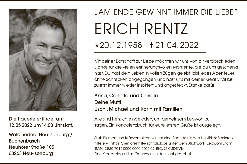 Traueranzeige für Erich Rentz vom 05.05.2022 aus OF