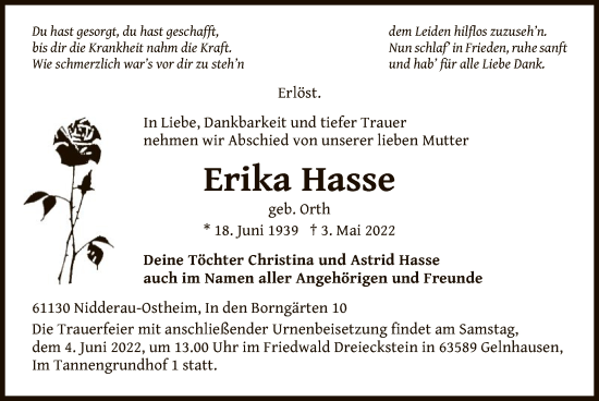 Traueranzeige von Erika Hasse von OF