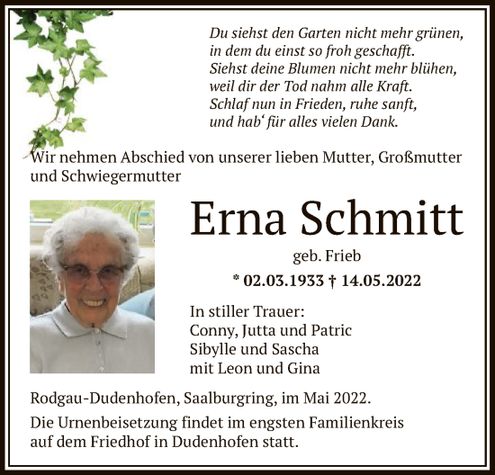 Traueranzeige von Erna Schmitt von OF