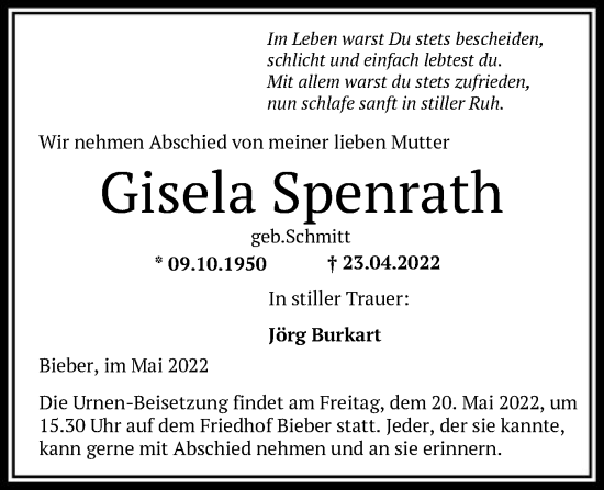 Traueranzeige von Gisela Spenrath von OF