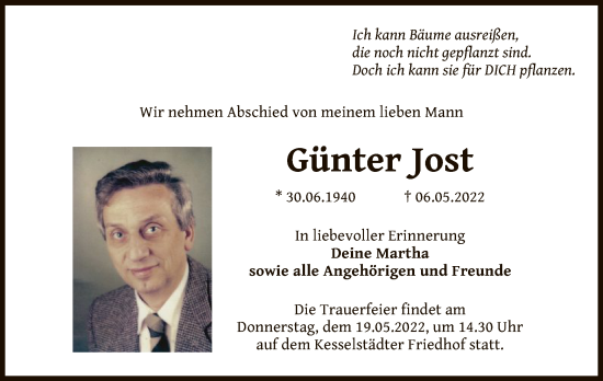 Traueranzeige von Günter Jost von OF