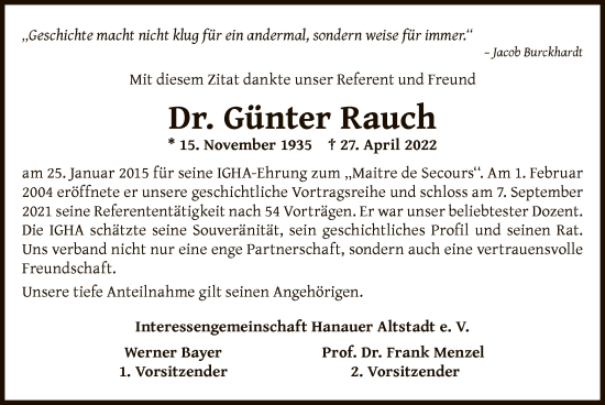 Traueranzeige von Günter Rauch von OF