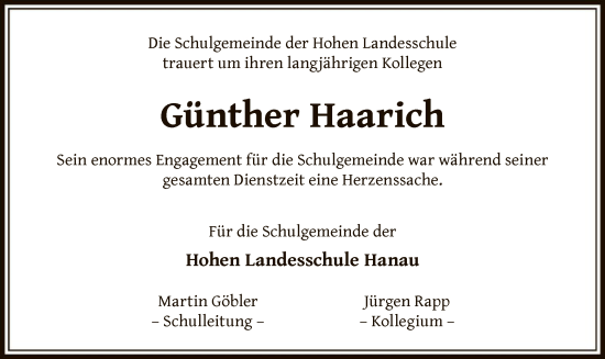 Traueranzeige von Günther Haarich von OF