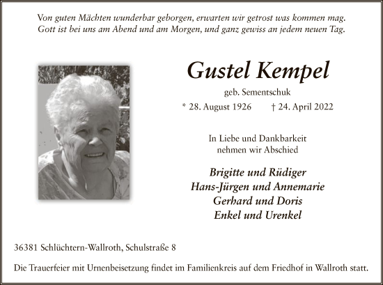 Traueranzeige von Gustel Kempel von OF