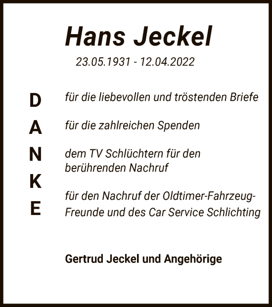 Traueranzeige von Hans Jeckel von OF