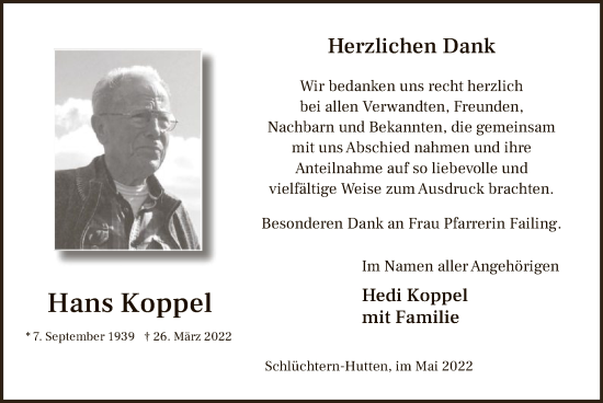 Traueranzeige von Hans Koppel von OF