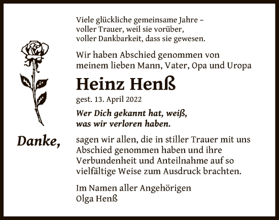 Traueranzeige von Heinz Henß von OF