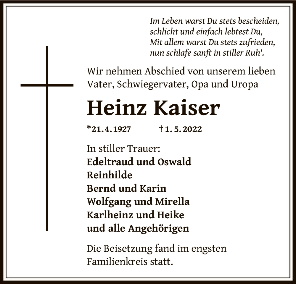  Traueranzeige für Heinz Kaiser vom 14.05.2022 aus OF