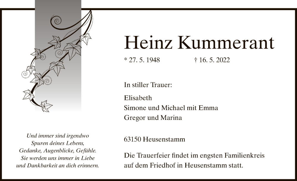  Traueranzeige für Heinz Kummerant vom 21.05.2022 aus OF