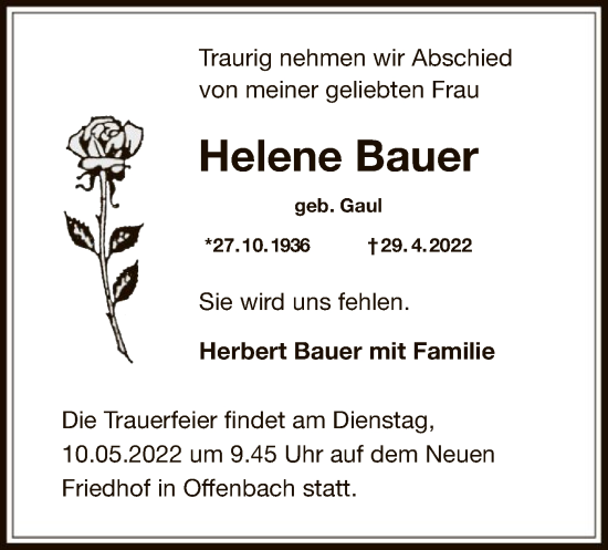 Traueranzeige von Helene Bauer von OF