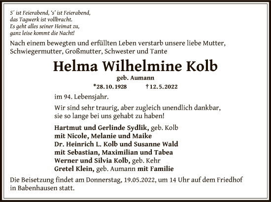 Traueranzeige von Helma Wilhelmine Kolb von OF