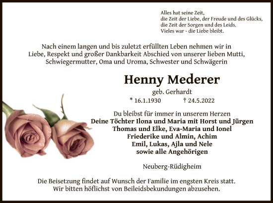 Traueranzeige von Henny Mederer von OF