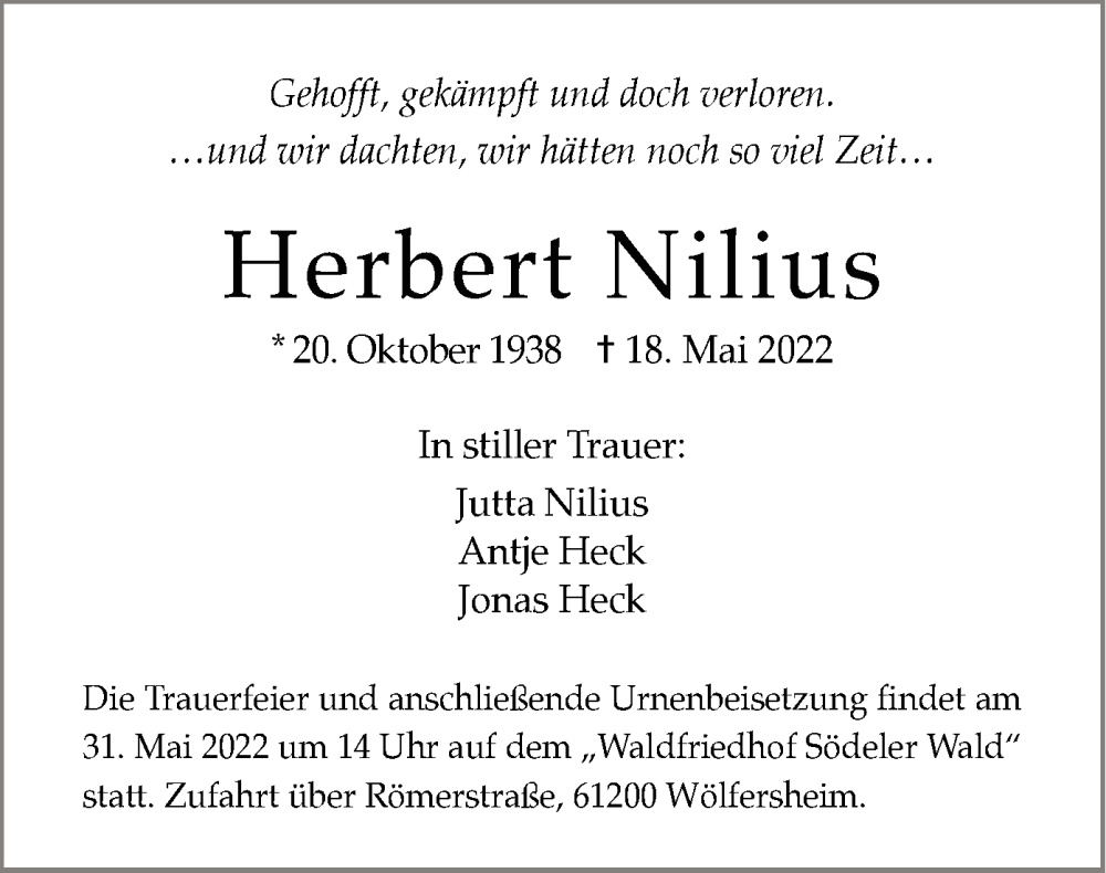  Traueranzeige für Herbert Nilius vom 21.05.2022 aus OF