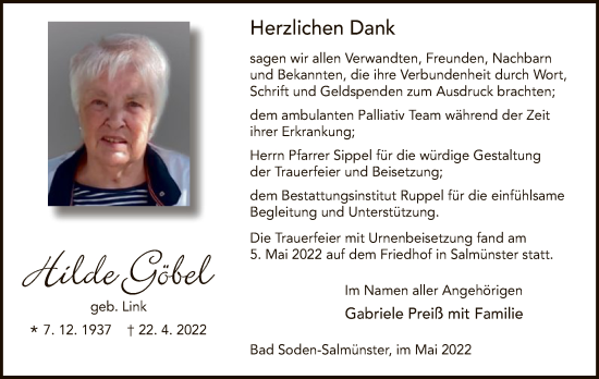 Traueranzeige von Hilde Göbel von OF