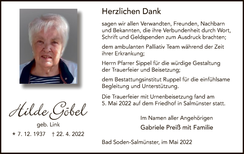 Traueranzeigen von Hilde Göbel | trauer.op-online.de