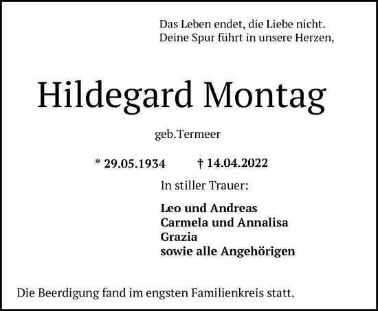 Traueranzeige von Hildegard Montag von OF