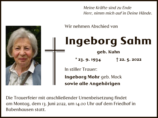 Traueranzeige von Ingeborg Sahm von OF