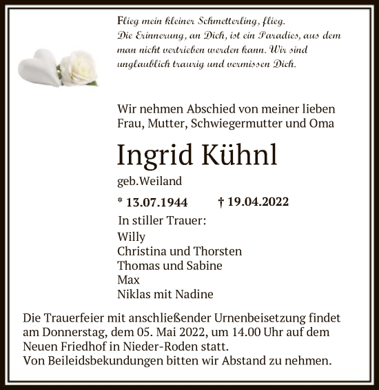 Traueranzeige von Ingrid Kühnl von OF