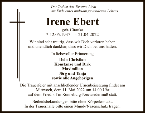 Traueranzeige von Irene Ebert von OF