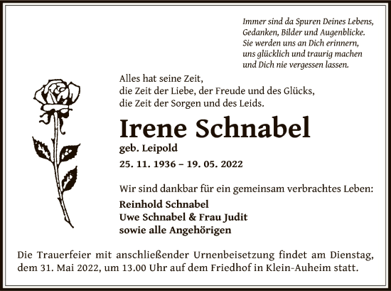 Traueranzeige von Irene Schnabel von OF