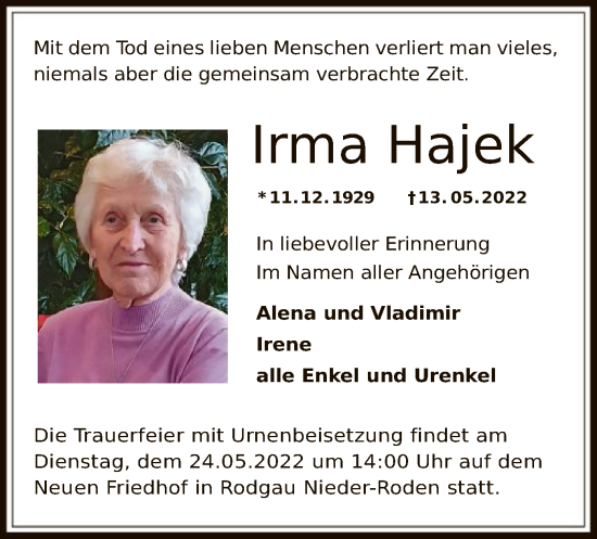 Traueranzeige von Irma Hajek von OF