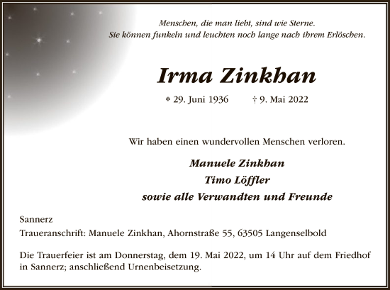 Traueranzeige von Irma Zinkhan von OF