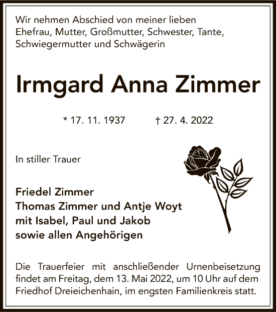 Traueranzeige von Irmgard Zimmer von OF