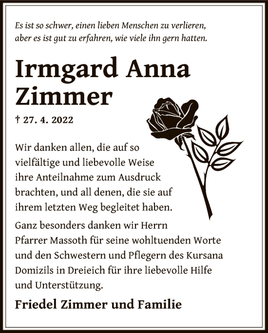 Traueranzeige von Irmgard Anna Zimmer von OF