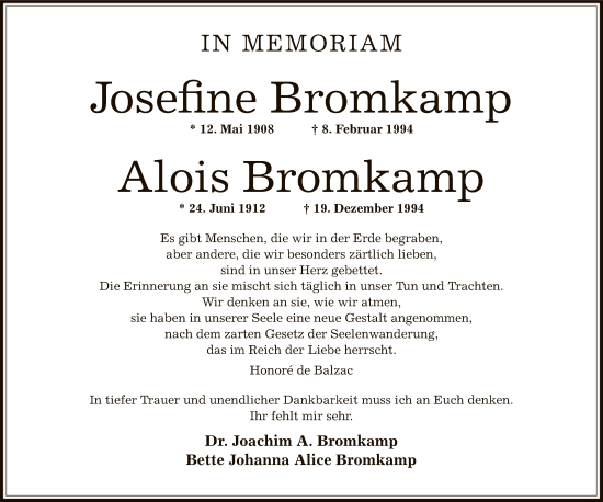 Traueranzeige von Josefine und Alois Bromkamp von OF
