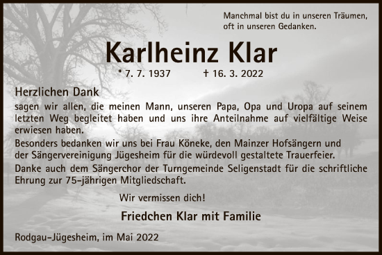 Traueranzeige von Karlheinz Klar von OF