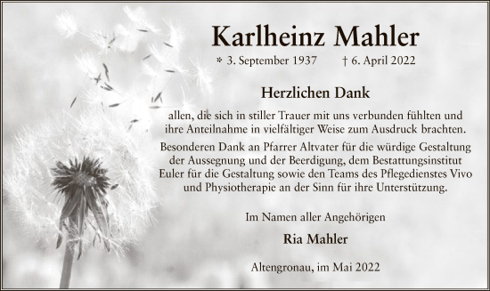 Traueranzeige von Karlheinz Mahler von OF