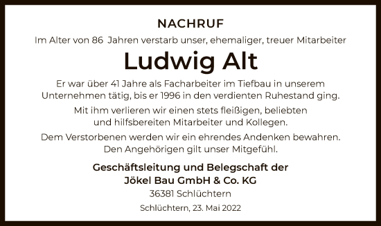 Traueranzeige von Ludwig Alt von OF