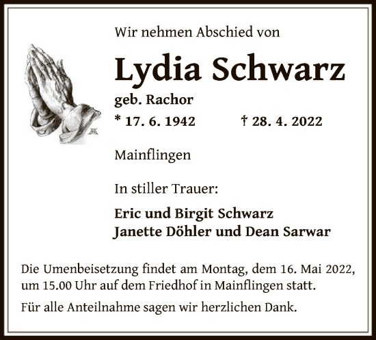 Traueranzeige von Lydia Schwarz von OF