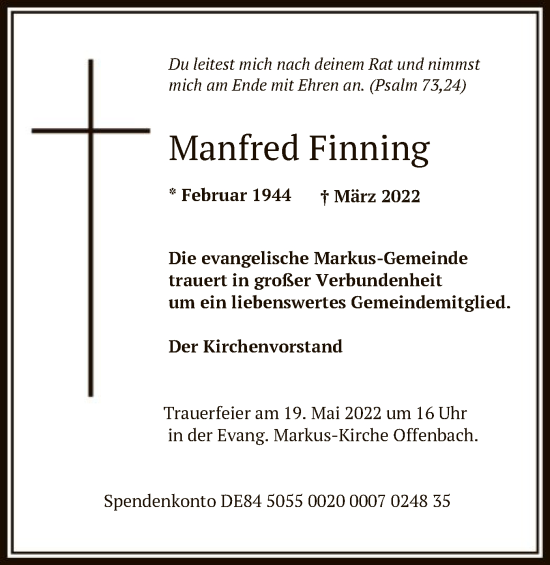 Traueranzeige von Manfred Finning von OF