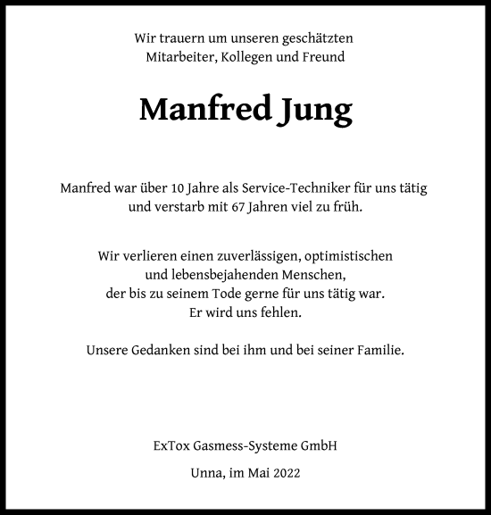 Traueranzeige von Manfred Jung von OF