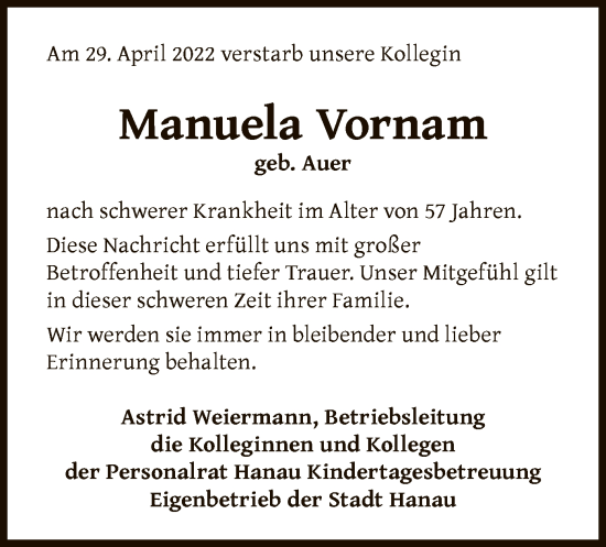 Traueranzeige von Manuela Vornam von OF