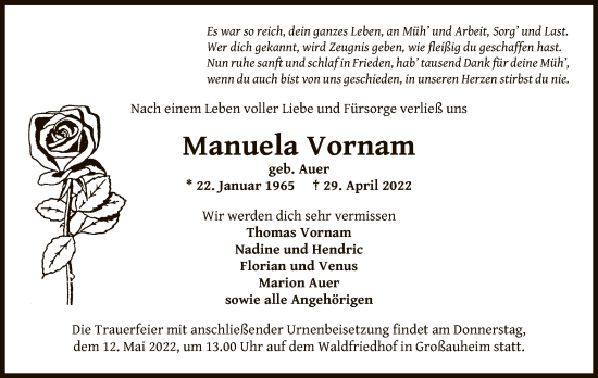 Traueranzeige von Manuela Vornam von OF