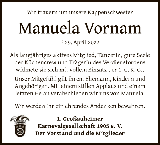 Traueranzeige von Manuela Vornam von OF