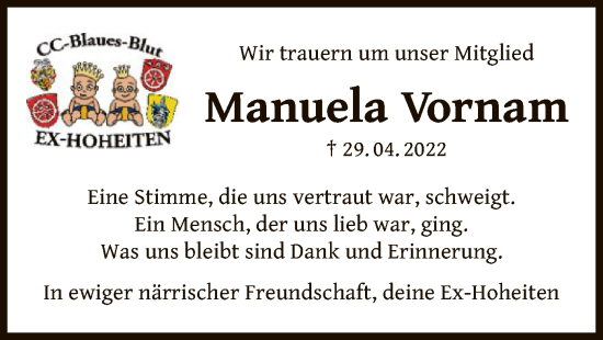 Traueranzeige von Manuela Vornam von OF