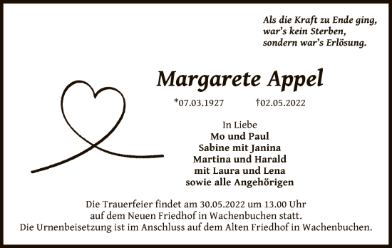 Traueranzeige von Margarete Appel von OF